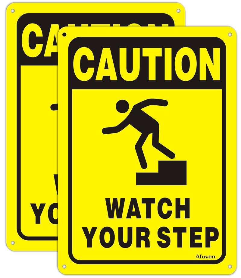 Afuven Caution Watch Your Step Signs 10" x 7" Metal for Stairs Workplace Home Business Safety Wet Floor Caution,Help Prevent Public Areas Indoor Outdoor Falls Sign Rust Free Aluminum Outdoor Use 2 Pack - Image 1